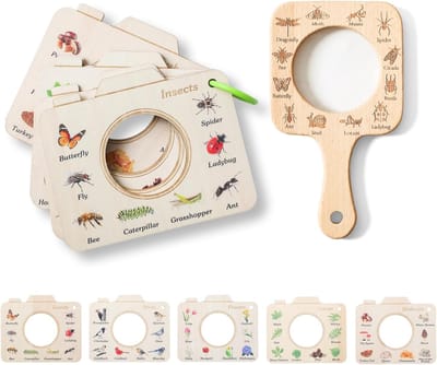 Houten insectenvangset voor kinderen van 3-8 jaar, 10-delige duurzame outdoor ontdekkingsset met vergrootglas, vlindernet en STEM-handleiding, vang- en laat los avonturenset voor in de achtertuin en op de camping.