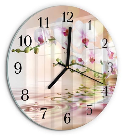 Tulup Wandklok - Orchidee Decoratieve Glazen Klok - 30fi cm - Veelkleurig Glazen Wandklok Design - Zwarte Handen - Ronde Wandklok - Wandklok Glas Decoratie - Gekleurde Glazen Klok