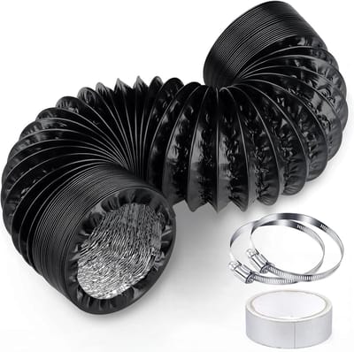 100 mm 3 m Zwart – Flexibele Ventilatieslang/Aluminium PVC Luchtkanaal met 2 RVS Slangklemmen + Aluminium Tape 5 m – Luchtafvoer voor Airco, Wasdroger, Afzuigkap
