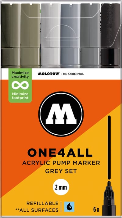 Molotow ONE4ALL Acrylstiften Set van 6 Grijze tinten - Acryl markers - 2mm breed - hervulbaar - alle ondergronden