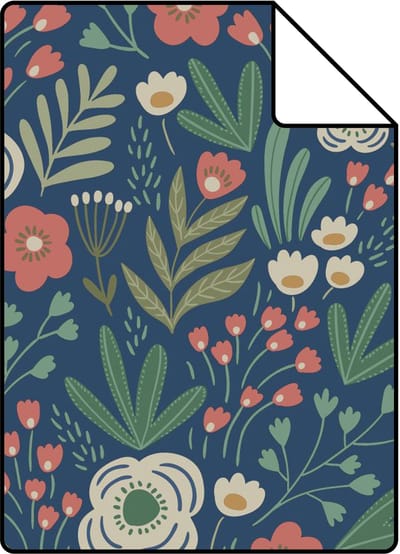 Proefstaal ESTAhome behang bloemetjes donkerblauw, groen en terracotta - 26.5 x 21 cm - 131071-S
