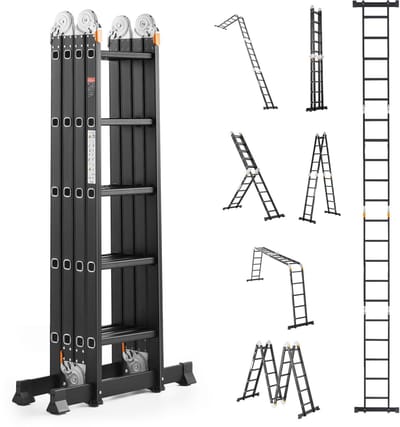 Multifunctionele vouwladder, 7-in-1 uitschuifladder, hoge telescopische ladder met A-frame en 5 treden, 6,8 m hoog, verstelbaar, slijtvaste ladder, 150 kg draagvermogen, voor buitengebruik thuis