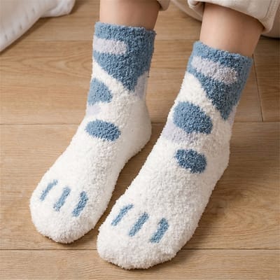Fluffy dames sokken - huissokken - blauw - grijs - wit - leuke print stippen - kattenpootjes - 36 -40 - cadeau voor haar - geschenk vrouwen - gift - zacht