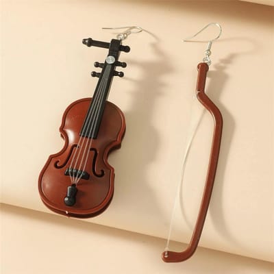 Viool Barok Retro Oorbellen, Asymmetrische Houtnerf Viool Asymmetrische Oorbellen bruin