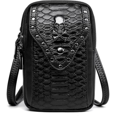 PU Leer Schedel Slang Patroon Dames Crossbody Tas, Buiten Enkele Schouder Tas, Mobiele Telefoon Tas, Reizen Kleine Tas zwart