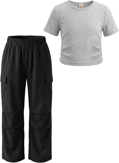 Meisjes Kledingset 2-delig met Korte Mouwen, Geribbelde Tops en Cargo Broek met Zakjes voor 7-14 Jaar