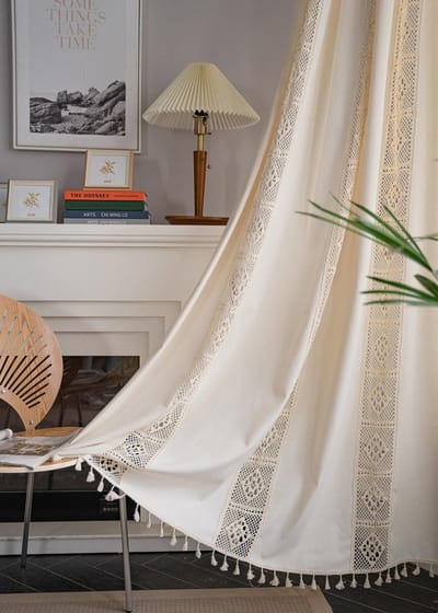 aladdien - Boho gordijnen - Vintage gordijnen - Verduisterend - Beige - Katoen linnen - Geschikt voor keuken, woonkamer en slaapkamer - 150B x 200H cm