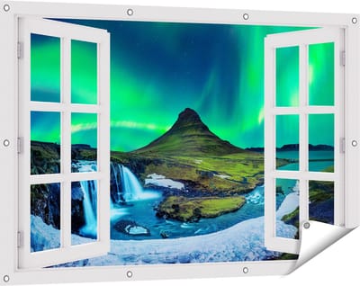 Gards Tuinposter Doorkijk Noorderlicht bij de Watervallen in IJsland - 120x80 cm - Tuindoek - Tuindecoratie - Wanddecoratie buiten - Tuinschilderij