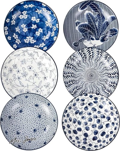 Mrs. Jones Keramische pastakommen set blauwe witte slakom 20 cm diner ondiepe borden serveren voorgerecht dessert snack - 6 stuks .