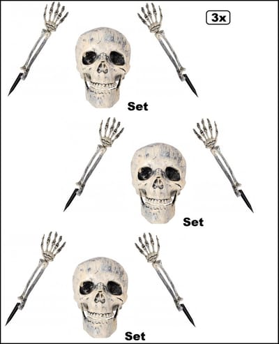 3x Halloween set Schedel doodshoofd met beweegbare kaak en 2x Skelet arm op spies - Griezel Halloween thema feest spooktocht creepy party scary