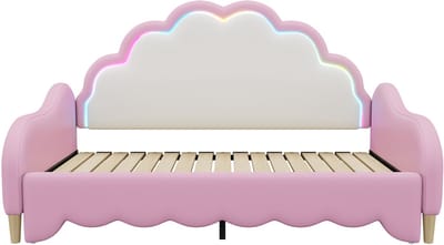COVREO Slaapbank met LED-hoofdbord – 140x198 cm – Bedbank van PU en MDF – Tweepersoons bed voor slaap- of logeerkamer – Roze - zonder matras