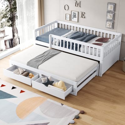 DESMIU Slaapbank 90x200 cm – Uitschuifbed Met Veiligheidsrek – 2 Laden Voor Opbergruimte – Voor Kinderkamer En Logeerkamer – Hout – Wit – Zonder Matras
