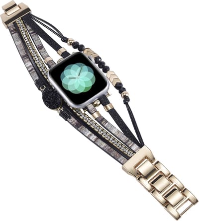 Stravo Boho Kralen Armbandje Geschikt voor Apple Watch 42mm(Series 11/10) 41mm 40mm 38mm - Zwart - Handgemaakte Leren Wikkelbandje voor Dames voor Apple Watch SE 1 2 3 / Series 11 10 9 8 7 6 5 4 3 2 1, Apple watch bandje