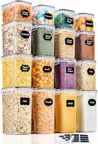 PromoHome 16-delige Luchtdichte Voorraaddozen Set - Keukenorganizer Kunststof Opbergdozen met Deksel voor Droge Voedingswaren - Inclusief Etiketten en Stift - Geschikt voor Meel, Rijst, Pasta, Muesli