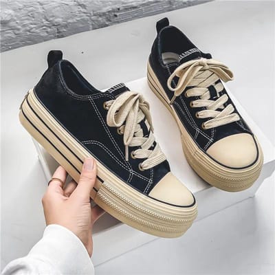 Lage Platform Sneakers Heren Vetersluiting Platte Gevulkaniseerde Schoenen Voor Mannen Klassieke Zwarte Heren Canvas Schoenen Comfort Chaussure Hommes 40 black