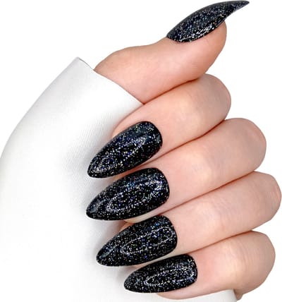 SD Press on Nails - B-66 - Plaknagels met nagellijm - Medium Stiletto nageltips - Zwart met glitter - Set 20 Kunstnagels handgemaakt van gel polish - Nageltips - Nailsathome - Nagellak - Gellak - Nail art - Gothic