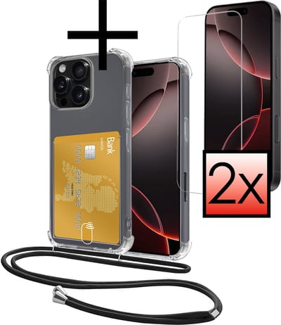 Hoes Geschikt voor Apple iPhone 16 Pro Hoesje Pasjeshouder Cover Met Koord Shock Proof Case Siliconen Hoes Met Telefoonkoord en Kaarthouder Met 2x Screenprotector - Transparant