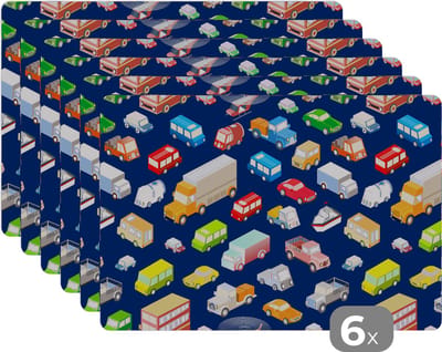 Placemat - Placemats kunststof - Patroon - Auto - Verkeer - 45x30 cm - 6 stuks - Hittebestendig - Anti-Slip - Onderlegger - Afneembaar