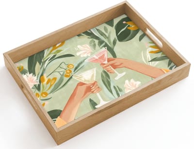 Dienblad hout 40x30 cm - Schootdienblad - Glazen - Proosten - Bladeren - Groen - Borrelplank rechthoek - Plateau dienbladen