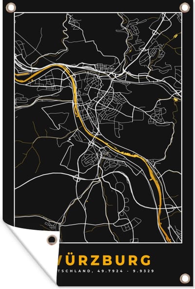 Muurdecoratie Stadskaart – Plattegrond – Duitsland – Goud – Würzburg – Kaart - 120x180 cm - Tuinposter - Tuindoek