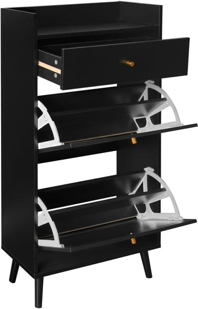 Merax Schoenenkast met 2 Deuren en 1 Lade – Zwart – Rattan Look – Verwijderbare Plank – Zonder Achterwand – 60x110 cm – Geschikt voor de Hal