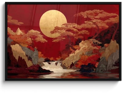 Poster in lijst - Fotolijst 120x80 cm - Posters - Volle maan - Landschap - Waterval - Posterlijst zwart - Decoratie - Wanddecoratie woonkamer - Muurdecoratie slaapkamer