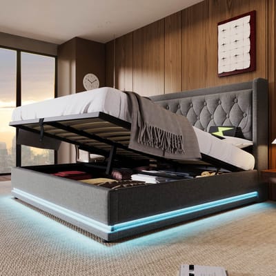 MODFU Opbergbed 140x200 cm – Katoen met getuft hoofdbord & LED – Incl. matras – Grijs