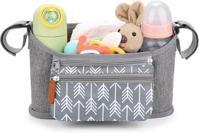 VHV - Kinderwagen organizer - Buggy organizer - Kinderwagen tas - Universeel - Met afneembaar telefoonvakje - Opbergtas voor aan de duwstang - Voor luiers en baby spullen - Voor wandelen en onderweg - Grijze pijlstijl