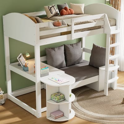 MODENUIT Hoogslaper 90x200 cm – Uitschuifbaar Bureau – Sofa met Opbergruimte – Ladder – Zonder Matras – Wit