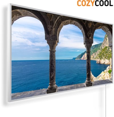 Infraroodpaneel met afbeelding | Kust door raam San Pietro | 1200 Watt | Witte lijst | Infrarood verwarmingspaneel | Infrarood paneel | Infrarood verwarming