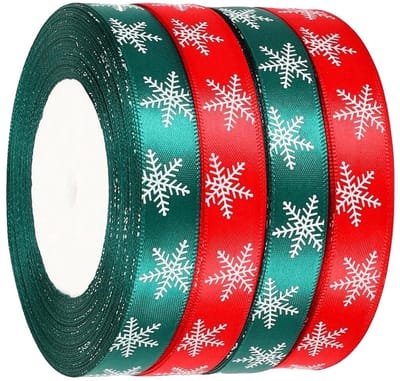 Dailygoods- Kerstband 10 mm breed - 4 Rollen Cadeaulint - Rood/Groen - Sneeuwvlokkenpatroon - Duurzaam Polyester - 100 Meter Lengte
