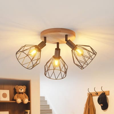 Plafondlamp met 3 LED lampen, E14, zwarte wandlamp van hout voor slaapkamer en woonkamer