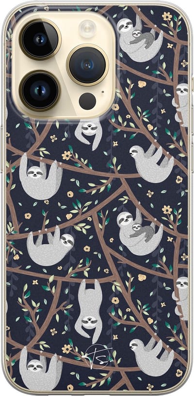 Hoesje geschikt voor iPhone 14 Pro - Luiaard - Soft Case - TPU - Print - Zwart - Mooie Telefoonhoesjes