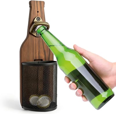 Flesopener met opvangbak, SGZIOO bieropener muur, wandflesopener hout, vintage flesopener wandmontage voor bar, keuken, terras, geschenken voor mannen en bierliefhebbers