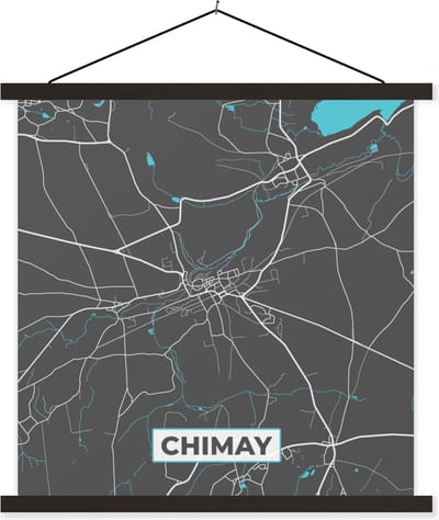 Posterhanger incl. Poster 60x60 cm - Schoolplaat - Stadskaart – Grijs - Kaart – Chimay – België – Plattegrond - Textielposter - Zwarte latten - Stadskaart