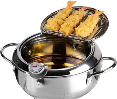 Sensova - RVS Friteusepan met Thermometer en Deksel - 3-4L Oliepan voor Tempura, Friet en Snacks - Oliebesparend Design met Afvoerrek - Geschikt voor Gas en Inductie - 24 cm Diameter - Duurzaam Roestvrij Staal - Compact en Eenvoudig te Reinigen