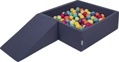 KiddyMoon Ballenbak voor kinderen 90x30cm Vierkant met Wig - 100 Ballen ∅7cm - Foam speelset - Speelgoed baby schuim - Ballenbad baby foam - Kunststof ballen - Schuimvulling - Donkerblauw: Lichtgroen Geel Turkoois Oranje Donkerroze Violet