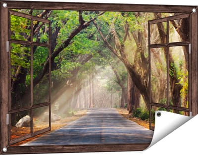 Gards Tuinposter Doorkijk Weg Omringd met Bomen - 90x60 cm - Tuindoek - Tuindecoratie - Wanddecoratie buiten - Tuinschilderij