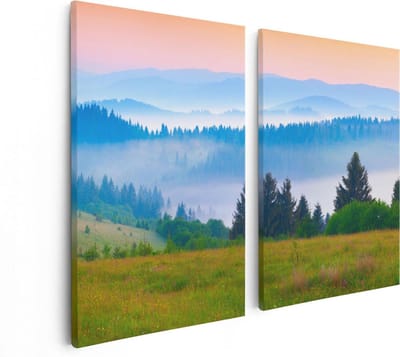Artaza Canvas Schilderij Tweeluik Mistige Heuvel Landschap Met Bossen - 80x60 - Foto Op Canvas - Canvas Print
