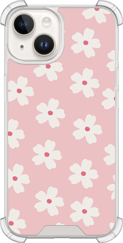 Shockproof hoesje - Geschikt voor iPhone 14 - Roze retro bloempjes - Extra sterke case - TPU/polycarbonaat - Bloemen - Roze, Transparant