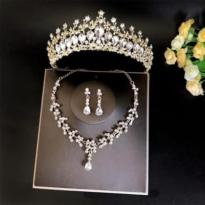 Bijoux de Mariée Simples Ensemble Trois Pièces Couronne de Mariage Tiare Collier Boucles d'Oreilles Coréen Super Fée Accessoires Robe de Mariée gray