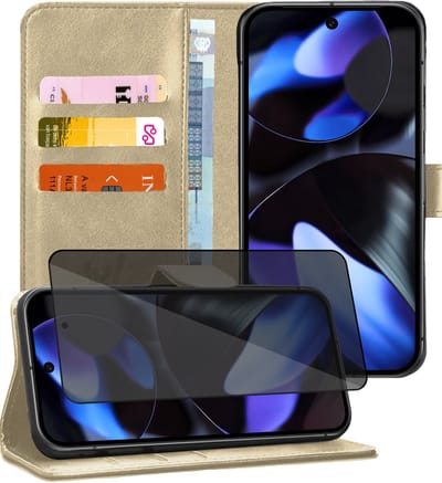 Hoesje geschikt voor Google Pixel 9a - Privacy Screenprotector Volledig Dekkend Glas - Portemonnee Book Case Goud