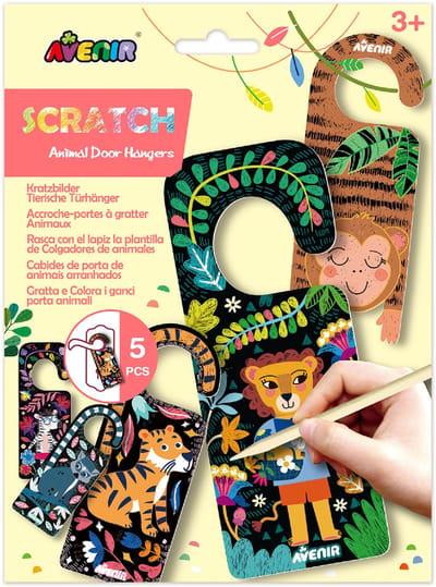 AVENIR Scratch Art - Deurhanger Safaridieren - 5 Stuks - 3 Jaar