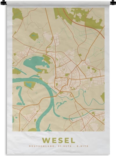 Wandkleed - Wanddoek - Wesel - Plattegrond - Kaart - Stadskaart - Vintage - 120x180 cm - Wandtapijt