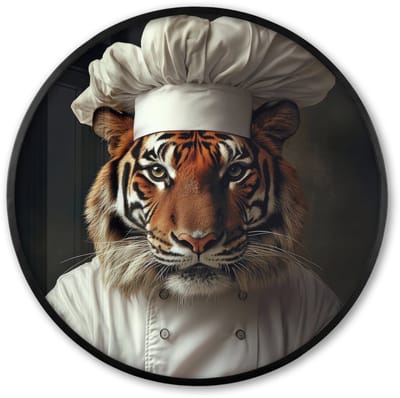 Poster in lijst Rond - Fotolijst 60x60 cm - Posters - Tijger - Kokskleding - Bruin - Ronde posterlijst zwart - Decoratie - Wanddecoratie woonkamer - Muurdecoratie slaapkamer