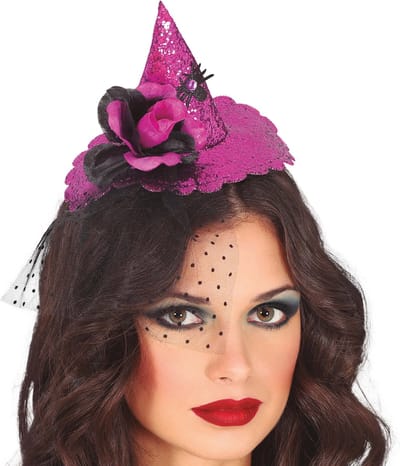 Halloween heksenhoed - mini hoedje op diadeem met sluier - one size - roze - meisjes/dames