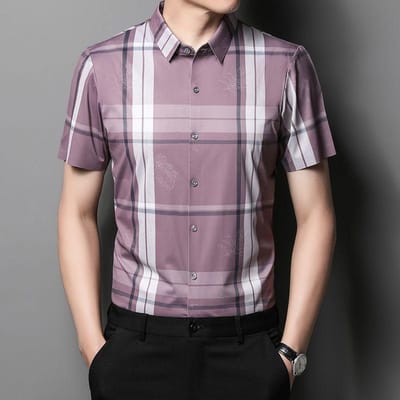 Nieuw Heren Casual Los Dun Plaid Herenhemd Korte Mouw Zomer Jeugd Zomer XXXXL gray