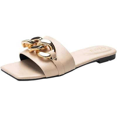 Slippers Kleine vierkante kop Metalen gesp Comfortabel en eenvoudig Vakantie Strand Vrije tijd Grote platte pantoffels Dames 40 beige