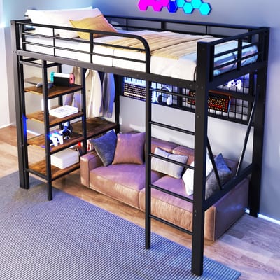 Hoogslaper 90 x 200 cm - met opbergruimte - inclusief ophangnet - met kledingstang - met LED-verlichting - zonder matras - zwart
