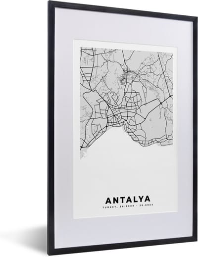 Fotolijst incl. Poster Zwart Wit- Antalya - Stadskaart - Plattegrond - Zwart Wit - Kaart - 40x60 cm - Posterlijst